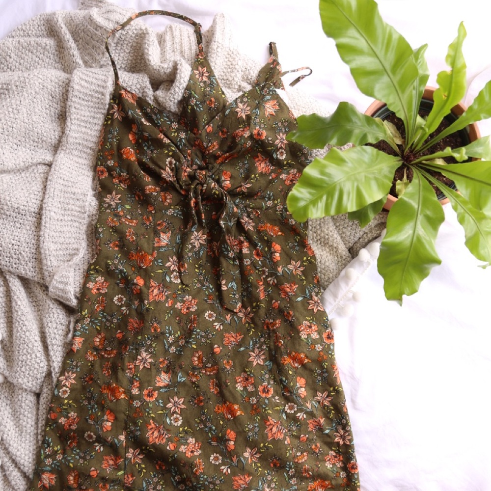 Green floral print summer dress